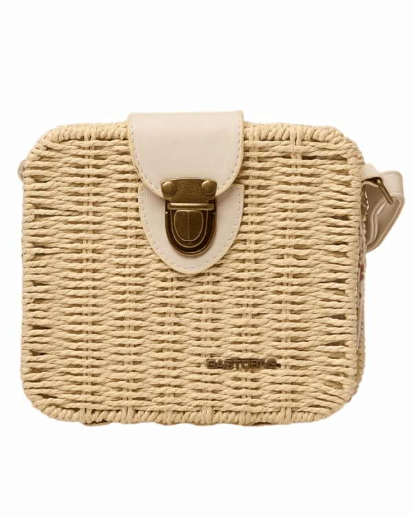 Straw Handbag with Crossbody Strap and Metal Clasp