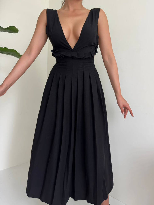 Classic Pleated Midi Dress With Waist Pleats and Open Neckline