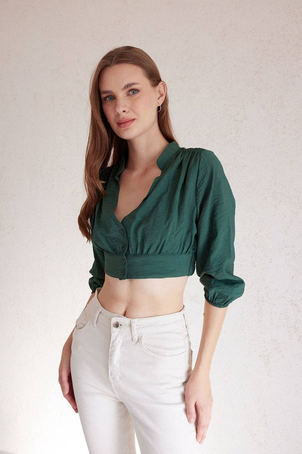 Crop Blouse with Buttons and V Neckline