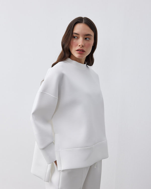 Puff Side-Slit Sweatshirt Blouse in White