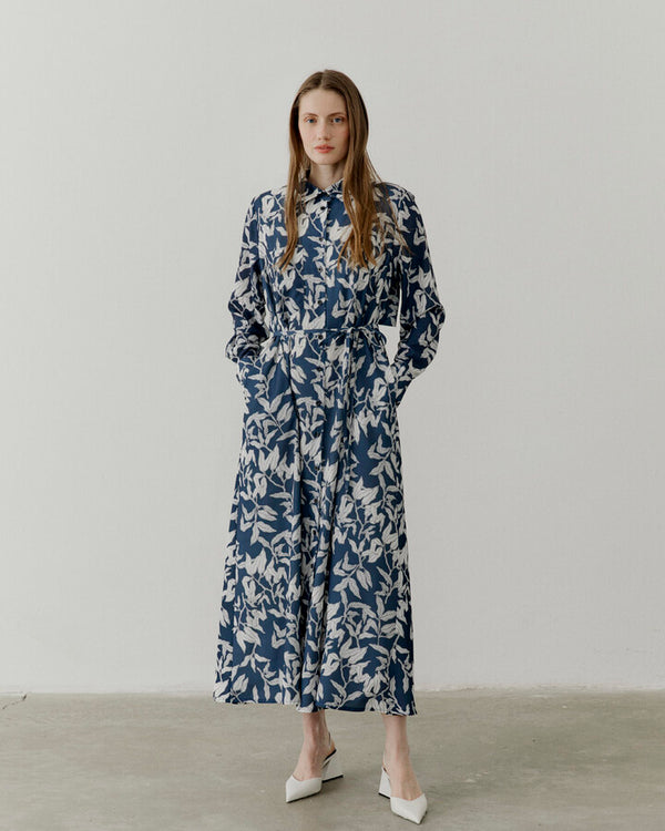 Herb Crepe Patterned Long Button-Up Shirt Dress