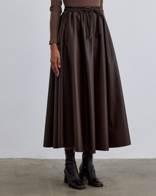 Brown Leather Elastic Flared Loose Cut Vol Skirt