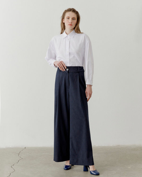Navy Blue Striped Wide Leg Pleated Layer Trousers